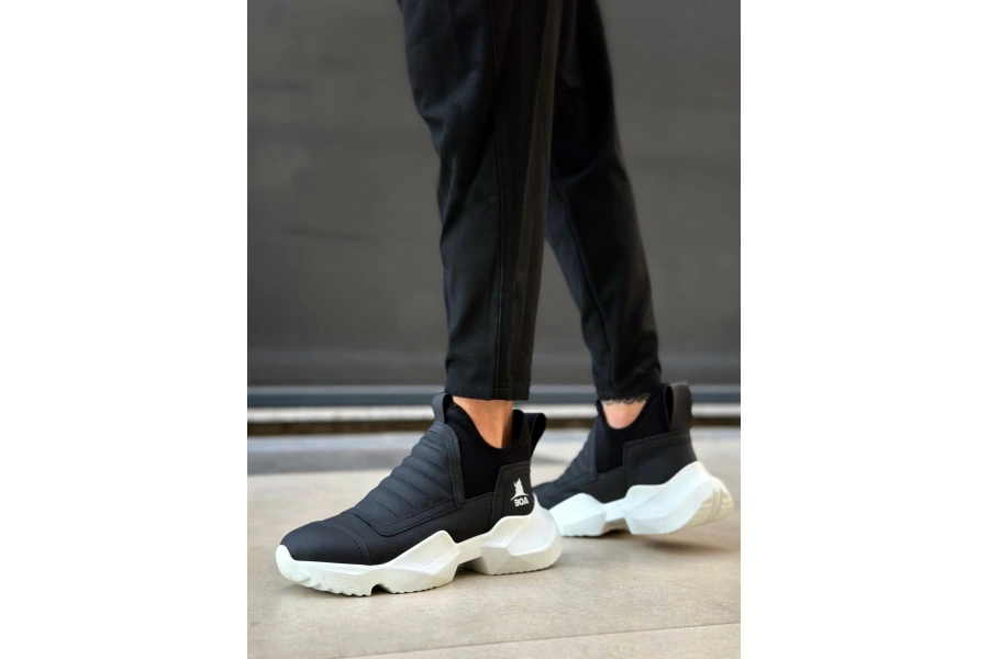 Shoecide Sb0401 Bağcıksız Rahat Yüksek Taban Siyah Erkek Spor Yarım Bilek Bot