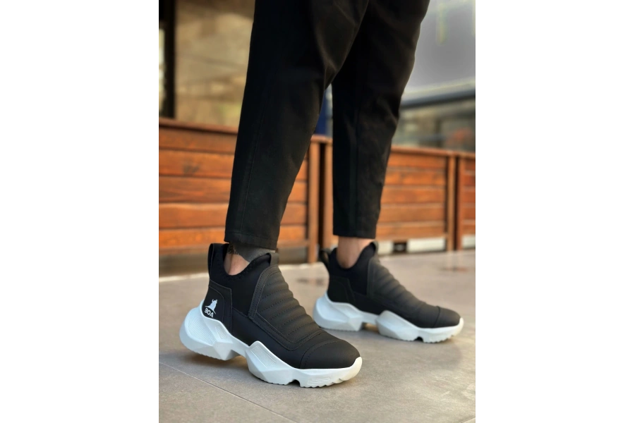 Shoecide Sb0401 Bağcıksız Rahat Yüksek Taban Siyah Erkek Spor Yarım Bilek Bot