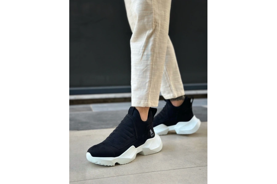 Shoecide Sb0401 Bağcıksız Rahat Yüksek Taban Siyah Süet Erkek Spor Yarım Bilek Bot