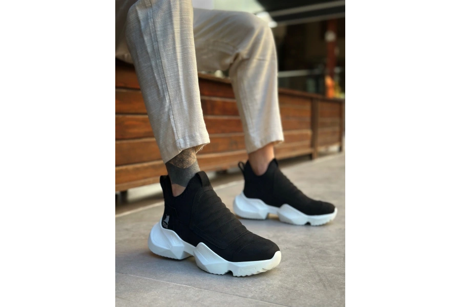 Shoecide Sb0401 Bağcıksız Rahat Yüksek Taban Siyah Süet Erkek Spor Yarım Bilek Bot