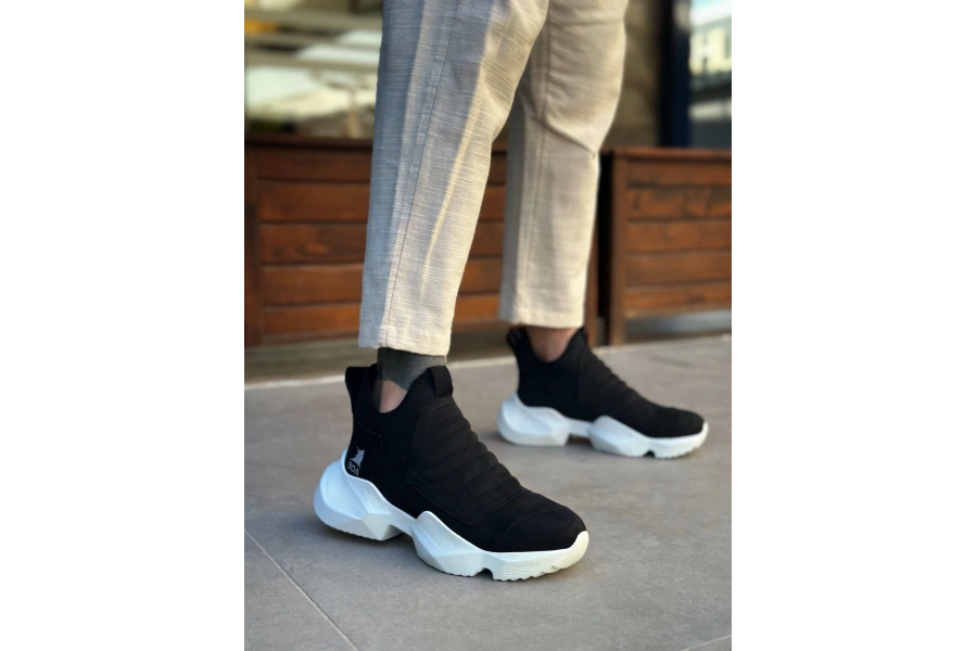 Shoecide Sb0401 Bağcıksız Rahat Yüksek Taban Siyah Süet Erkek Spor Yarım Bilek Bot