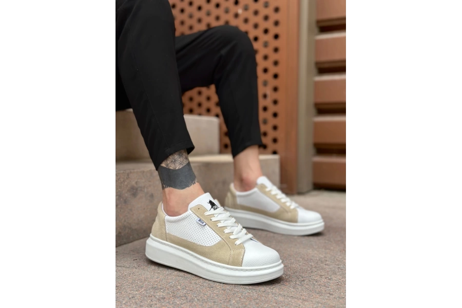 Shoecide Sb0423 Boa Kalın Yüksek Taban Beyaz Krem Bağcıklı Spor Erkek Ayakkabı
