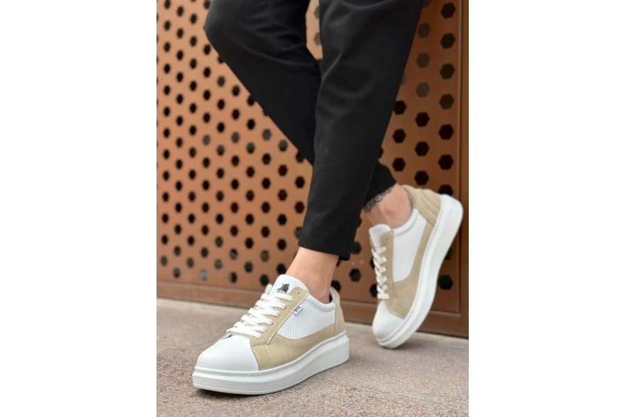Shoecide Sb0423 Boa Kalın Yüksek Taban Beyaz Krem Bağcıklı Spor Erkek Ayakkabı