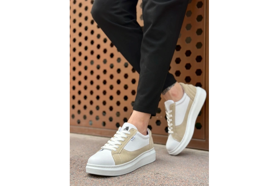 Shoecide Sb0423 Boa Kalın Yüksek Taban Beyaz Krem Bağcıklı Spor Erkek Ayakkabı