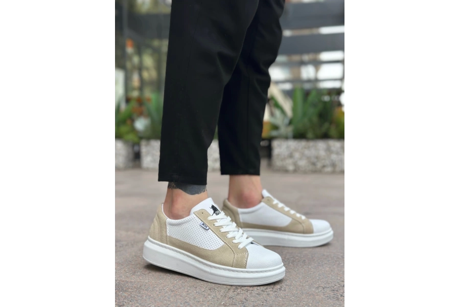 Shoecide Sb0423 Boa Kalın Yüksek Taban Beyaz Krem Bağcıklı Spor Erkek Ayakkabı