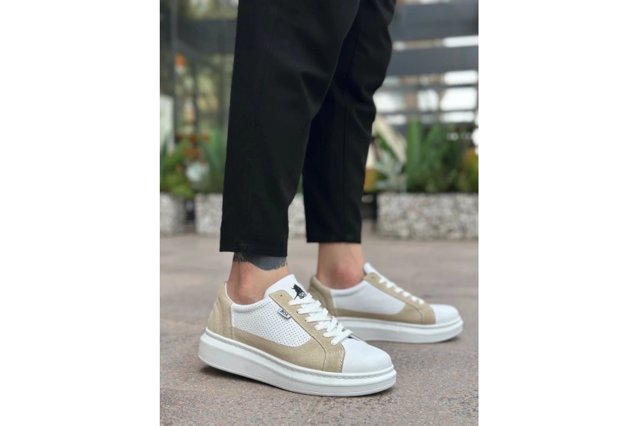 Shoecide Sb0423 Boa Kalın Yüksek Taban Beyaz Krem Bağcıklı Spor Erkek Ayakkabı