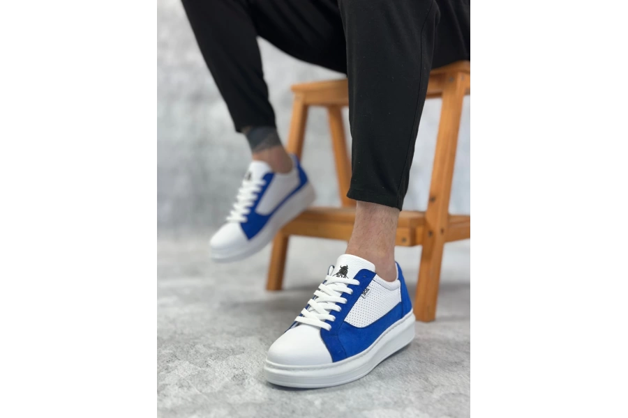 Shoecide Sb0423 Boa Kalın Yüksek Taban Beyaz Mavi Bağcıklı Spor Erkek Ayakkabı