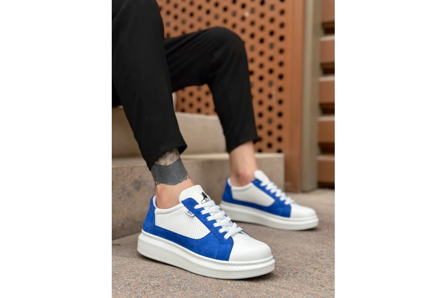 Shoecide Sb0423 Boa Kalın Yüksek Taban Beyaz Mavi Bağcıklı Spor Erkek Ayakkabı
