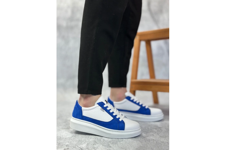 Shoecide Sb0423 Boa Kalın Yüksek Taban Beyaz Mavi Bağcıklı Spor Erkek Ayakkabı