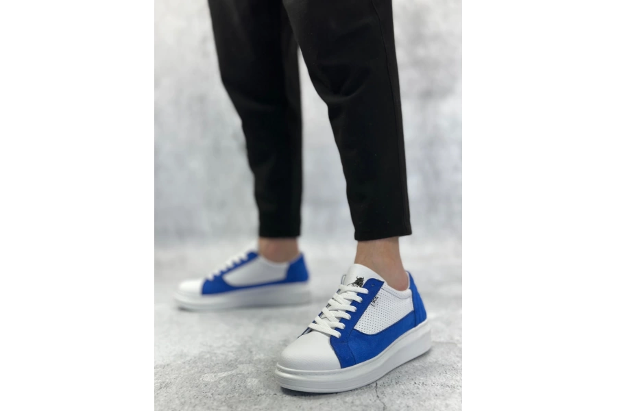 Shoecide Sb0423 Boa Kalın Yüksek Taban Beyaz Mavi Bağcıklı Spor Erkek Ayakkabı