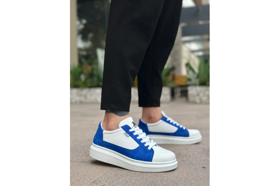Shoecide Sb0423 Boa Kalın Yüksek Taban Beyaz Mavi Bağcıklı Spor Erkek Ayakkabı