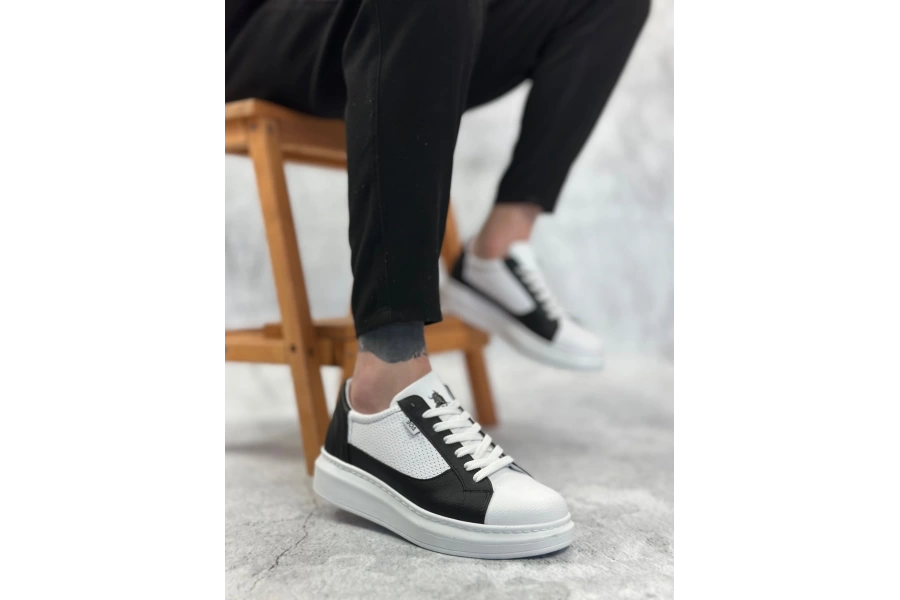 Shoecide Sb0423 Boa Kalın Yüksek Taban Beyaz Siyah Bağcıklı Spor Erkek Ayakkabı