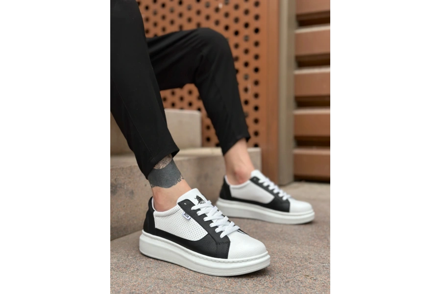 Shoecide Sb0423 Boa Kalın Yüksek Taban Beyaz Siyah Bağcıklı Spor Erkek Ayakkabı