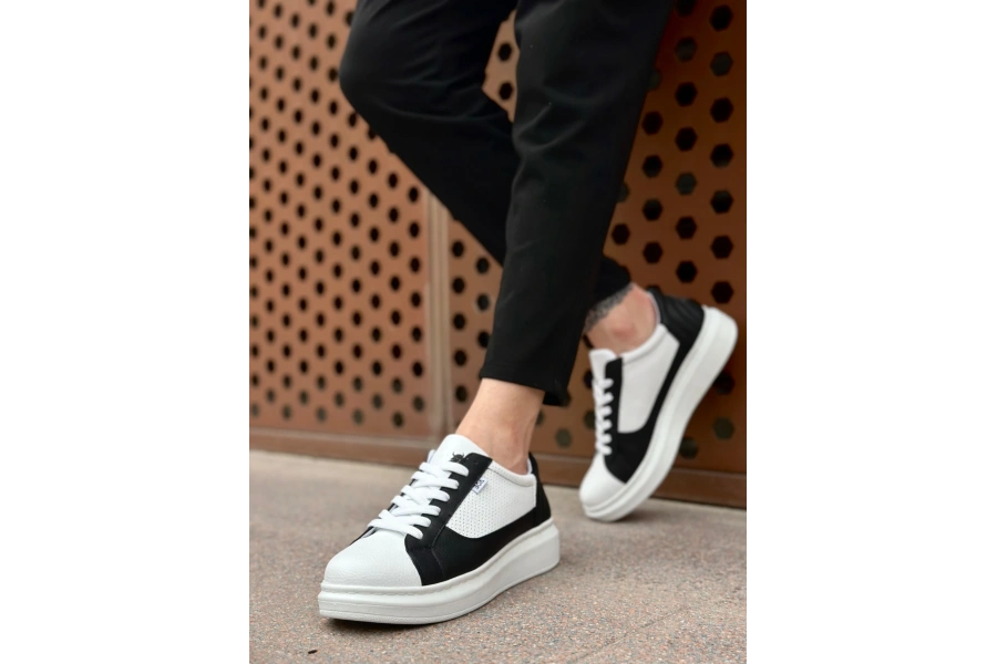 Shoecide Sb0423 Boa Kalın Yüksek Taban Beyaz Siyah Bağcıklı Spor Erkek Ayakkabı