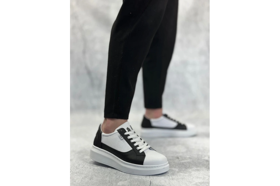 Shoecide Sb0423 Boa Kalın Yüksek Taban Beyaz Siyah Bağcıklı Spor Erkek Ayakkabı