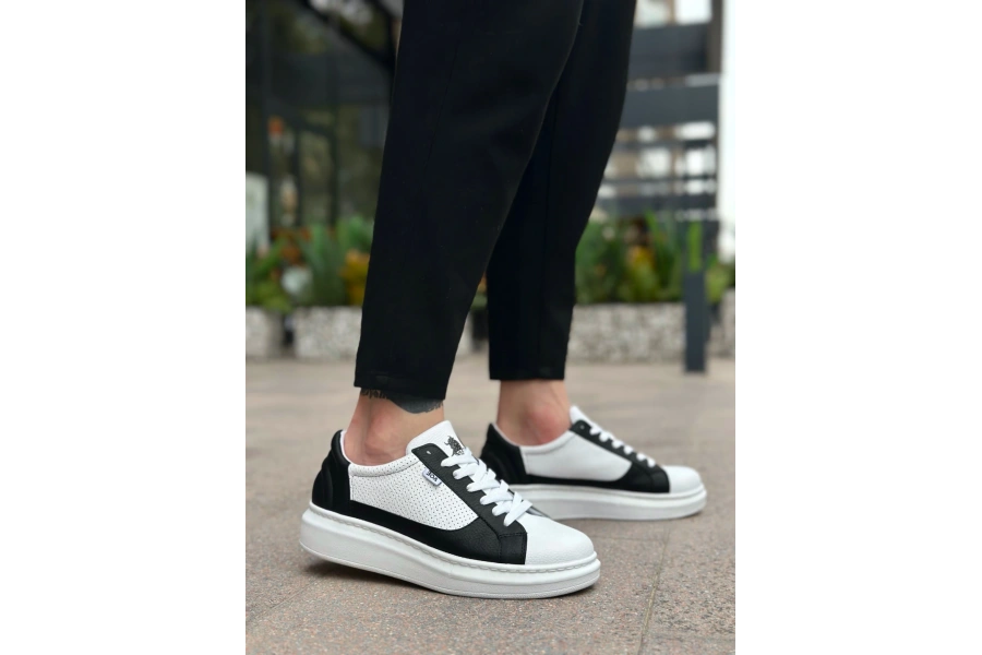 Shoecide Sb0423 Boa Kalın Yüksek Taban Beyaz Siyah Bağcıklı Spor Erkek Ayakkabı