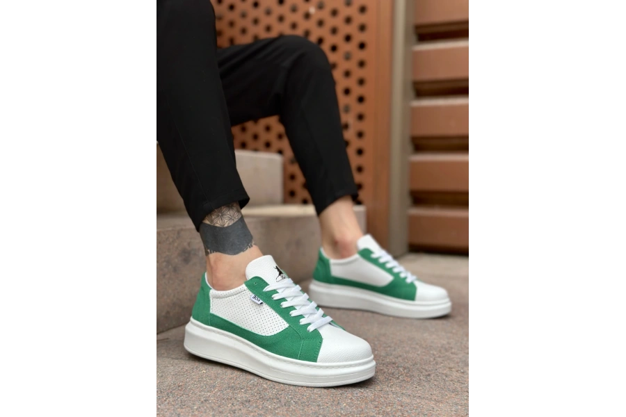 Shoecide Sb0423 Boa Kalın Yüksek Taban Beyaz Yeşil Bağcıklı Spor Erkek Ayakkabı