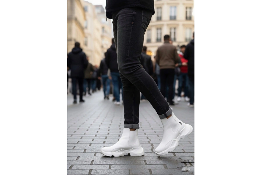 Shoecide Sb0444 Bağcıksız Rahat Yüksek Taban Beyaz Erkek Spor Yarım Bilek Bot