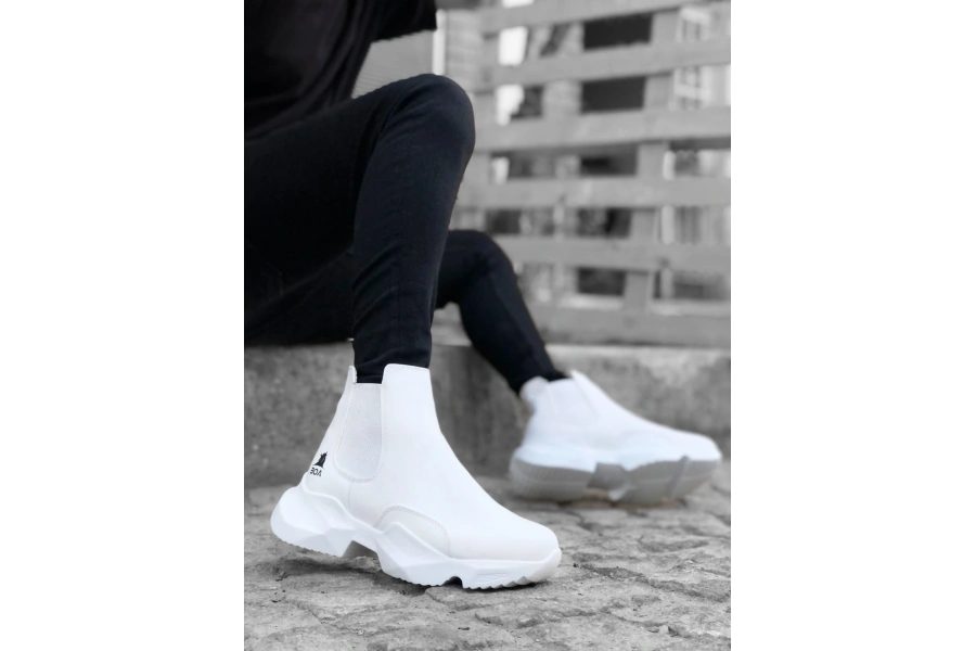 Shoecide Sb0444 Bağcıksız Rahat Yüksek Taban Beyaz Erkek Spor Yarım Bilek Bot
