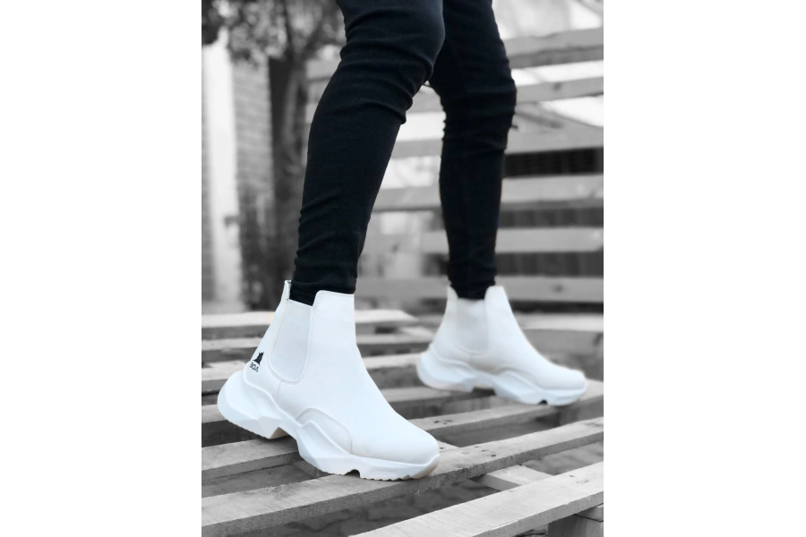 Shoecide Sb0444 Bağcıksız Rahat Yüksek Taban Beyaz Erkek Spor Yarım Bilek Bot