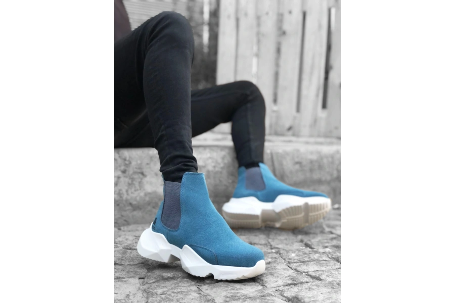Shoecide Sb0444 Bağcıksız Rahat Yüksek Taban Mavi Erkek Spor Yarım Bilek Bot