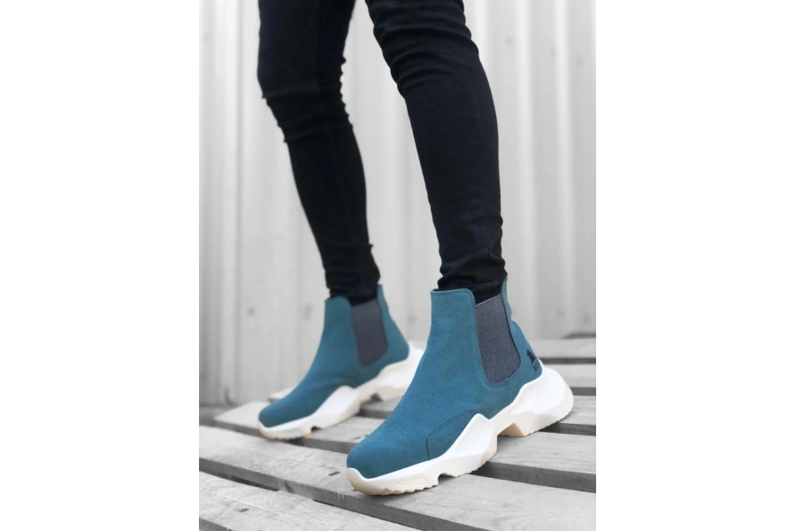 Shoecide Sb0444 Bağcıksız Rahat Yüksek Taban Mavi Erkek Spor Yarım Bilek Bot