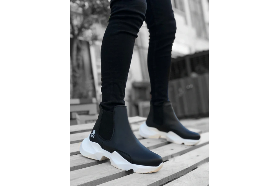 Shoecide Sb0444 Bağcıksız Rahat Yüksek Taban Siyah Beyaz Taban Erkek Spor Yarım Bilek Bot