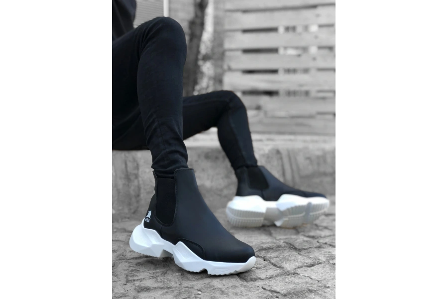 Shoecide Sb0444 Bağcıksız Rahat Yüksek Taban Siyah Beyaz Taban Erkek Spor Yarım Bilek Bot