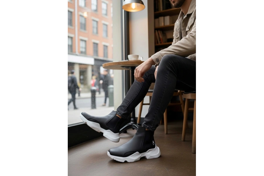 Shoecide Sb0444 Bağcıksız Rahat Yüksek Taban Siyah Beyaz Taban Erkek Spor Yarım Bilek Bot