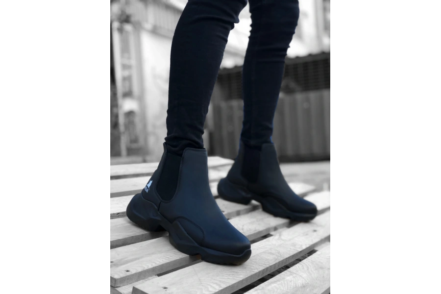 Shoecide Sb0444 Bağcıksız Rahat Yüksek Taban Siyah Erkek Spor Yarım Bilek Bot