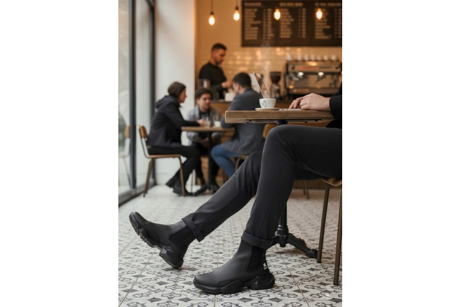 Shoecide Sb0444 Bağcıksız Rahat Yüksek Taban Siyah Erkek Spor Yarım Bilek Bot