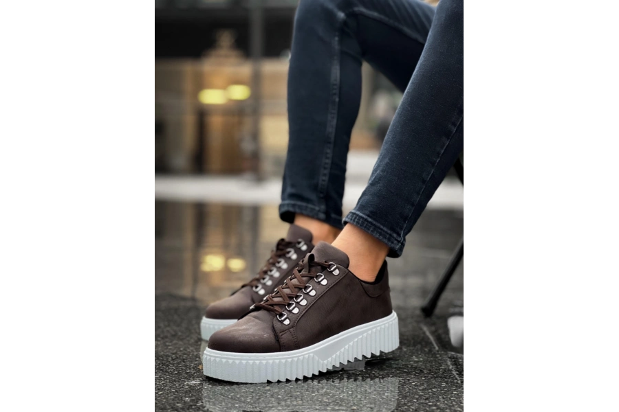 Shoecide Sb0505 Çengel Bağcıklı Kahverengi Beyaz Tabanlı Günlük Ayakkabı