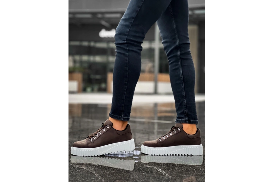 Shoecide Sb0505 Çengel Bağcıklı Kahverengi Beyaz Tabanlı Günlük Ayakkabı
