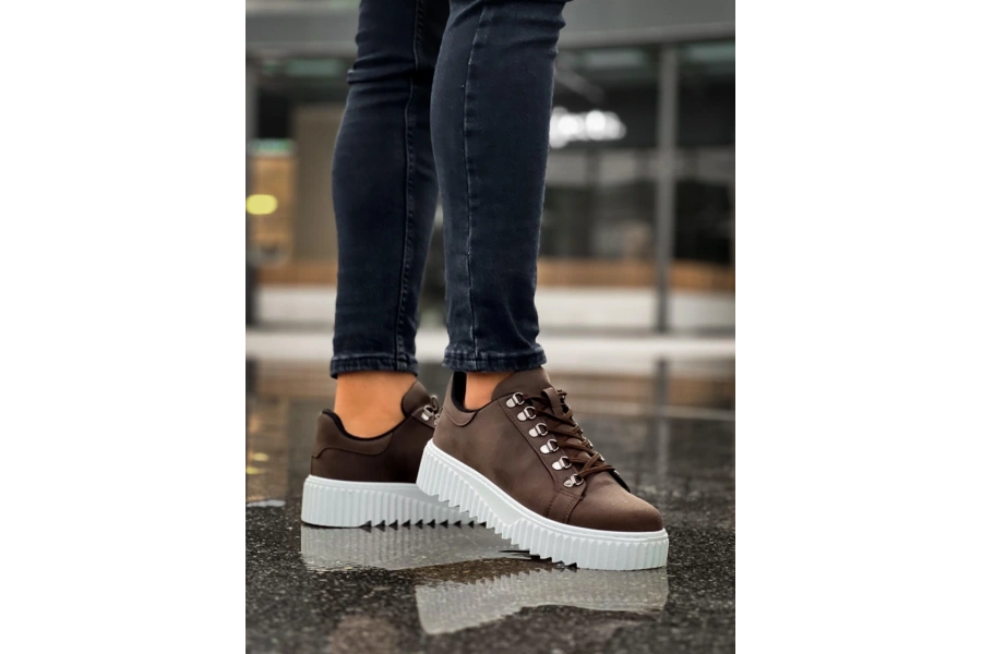 Shoecide Sb0505 Çengel Bağcıklı Kahverengi Beyaz Tabanlı Günlük Ayakkabı