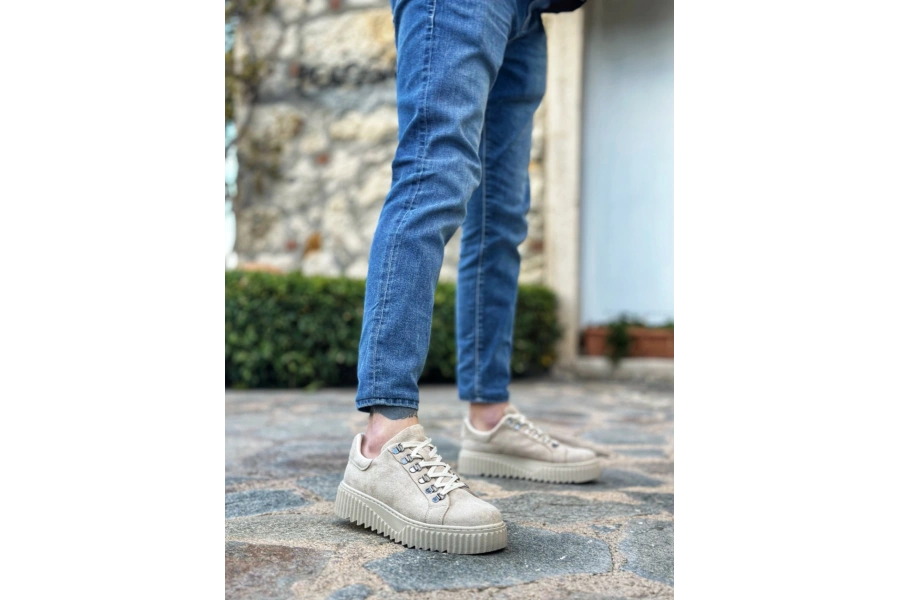 Shoecide Sb0505 Çengel Bağcıklı Krem Renk Yüksek Tabanlı Günlük Ayakkabı