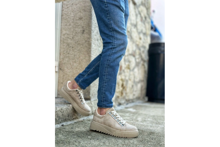 Shoecide Sb0505 Çengel Bağcıklı Krem Renk Yüksek Tabanlı Günlük Ayakkabı