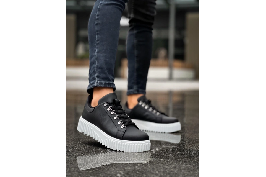 Shoecide Sb0505 Çengel Bağcıklı Siyah Renk Beyaz Tabanlı Günlük Ayakkabı