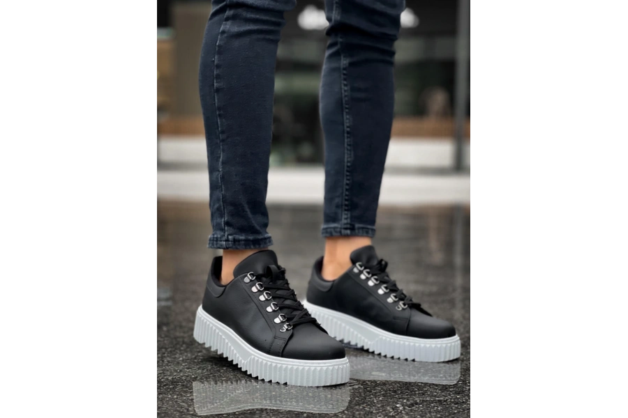 Shoecide Sb0505 Çengel Bağcıklı Siyah Renk Beyaz Tabanlı Günlük Ayakkabı