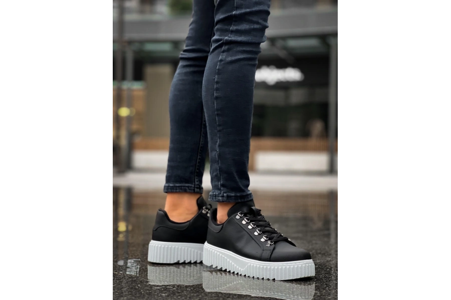 Shoecide Sb0505 Çengel Bağcıklı Siyah Renk Beyaz Tabanlı Günlük Ayakkabı