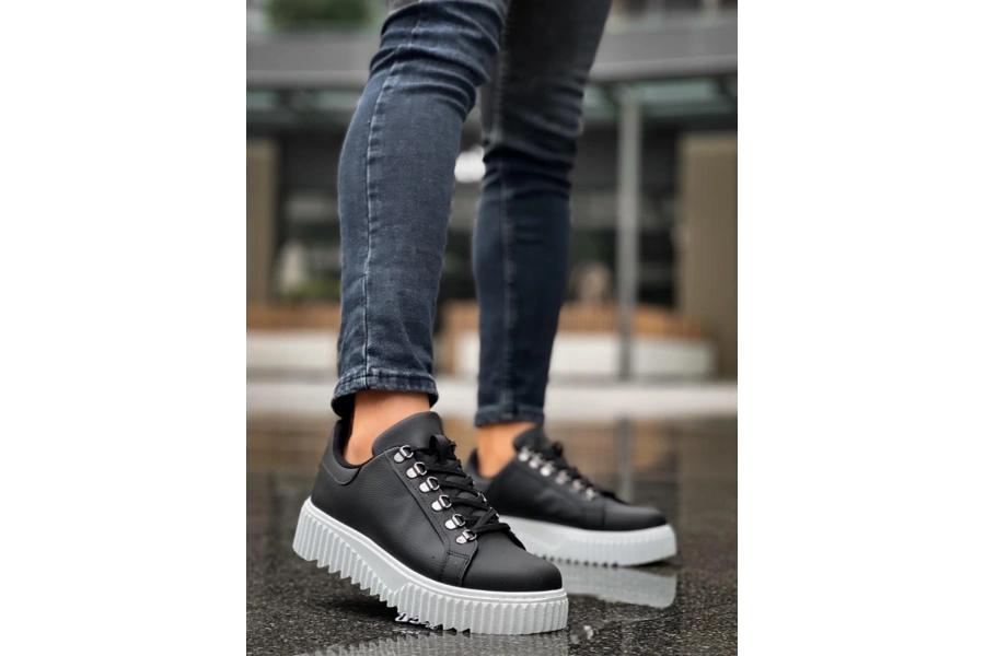 Shoecide Sb0505 Çengel Bağcıklı Siyah Renk Beyaz Tabanlı Günlük Ayakkabı