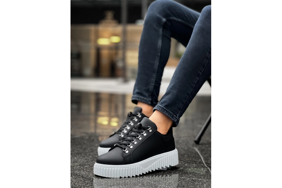 Shoecide Sb0505 Çengel Bağcıklı Siyah Renk Beyaz Tabanlı Günlük Ayakkabı