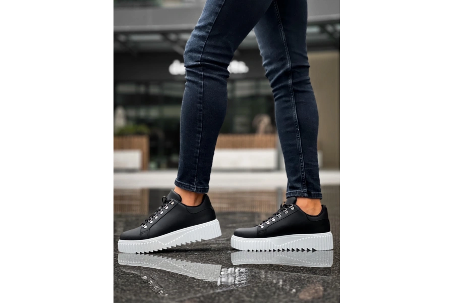 Shoecide Sb0505 Çengel Bağcıklı Siyah Renk Beyaz Tabanlı Günlük Ayakkabı