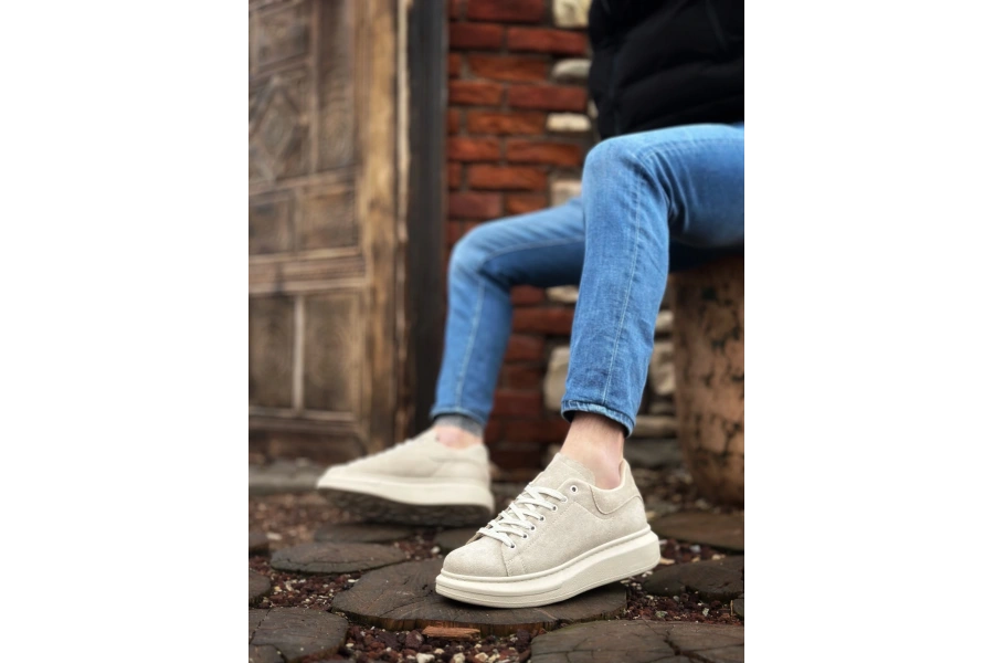 Shoecide Sb0547 Boa Kalın Yüksek Krem Taban Krem Süet Bağcıklı Spor Erkek Ayakkabı