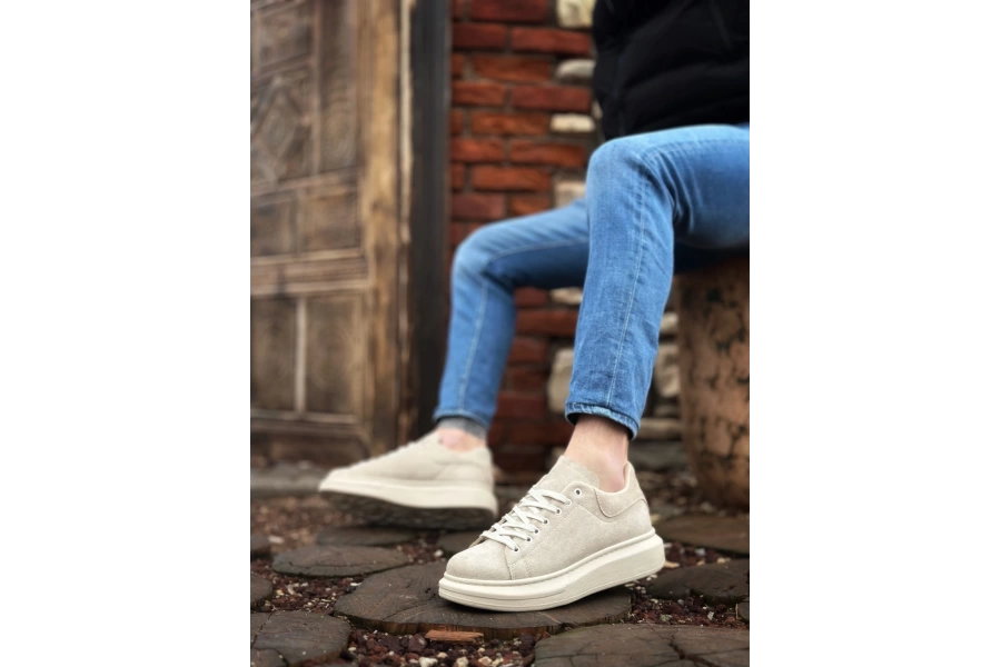 Shoecide Sb0547 Boa Kalın Yüksek Krem Taban Krem Süet Bağcıklı Spor Erkek Ayakkabı