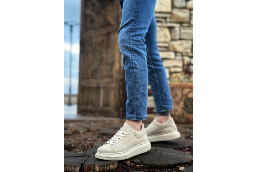 Shoecide Sb0547 Boa Kalın Yüksek Krem Taban Krem Süet Bağcıklı Spor Erkek Ayakkabı