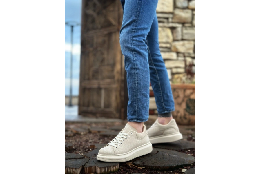 Shoecide Sb0547 Boa Kalın Yüksek Krem Taban Krem Süet Bağcıklı Spor Erkek Ayakkabı
