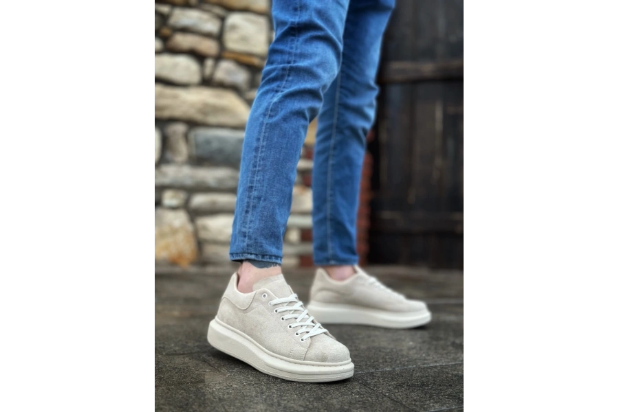 Shoecide Sb0547 Boa Kalın Yüksek Krem Taban Krem Süet Bağcıklı Spor Erkek Ayakkabı