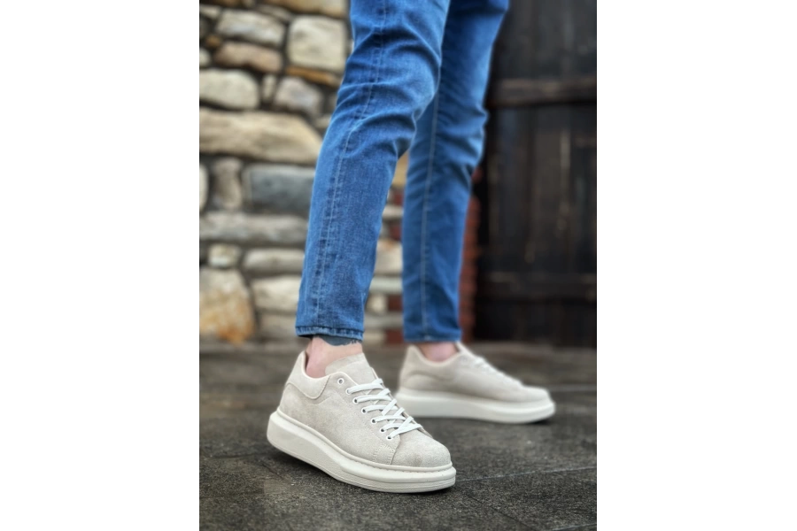 Shoecide Sb0547 Boa Kalın Yüksek Krem Taban Krem Süet Bağcıklı Spor Erkek Ayakkabı