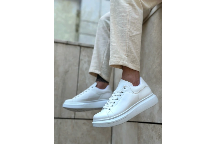 Shoecide Sb0547 Boa Kalın Yüksek Taban Beyaz Bağcıklı Spor Erkek Ayakkabı