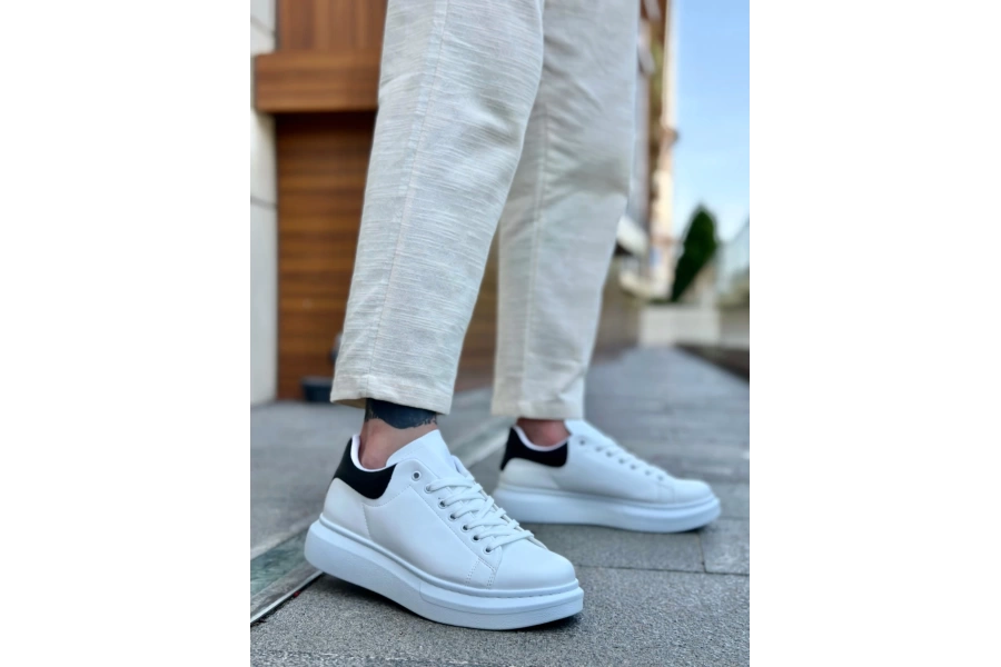 Shoecide Sb0547 Boa Kalın Yüksek Taban Beyaz Siyah Bağcıklı Spor Erkek Ayakkabı